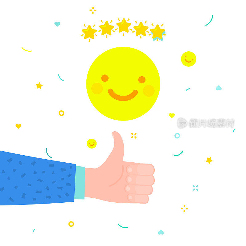 Hand with thumbs down and thumbs up to rating stars. Flat design